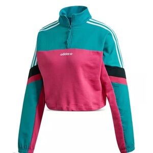 Adidas 90s Turquoise and Pink Half-Zip Cropped Jacket